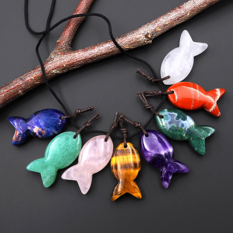 Set of 8 Gemstone Fish Pendants Hand Carved Blue Sodalite Green Amazonite Pink Rose Quartz Purple Amethyst Tiger's Eye Moss Agate Red Jasper