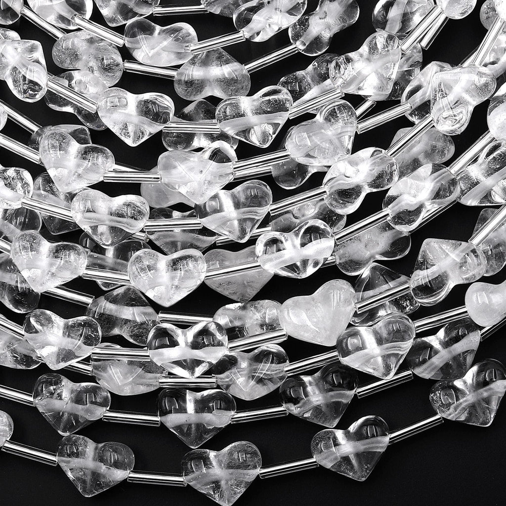 Natural Rock Crystal Quartz Beads Gemstone Puffy Heart Veristically Drilled 15.5" Strand