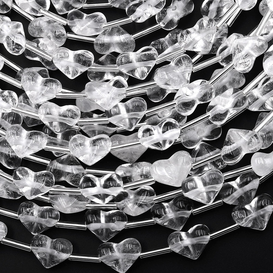 Natural Rock Crystal Quartz Beads Gemstone Puffy Heart Veristically Drilled 15.5" Strand