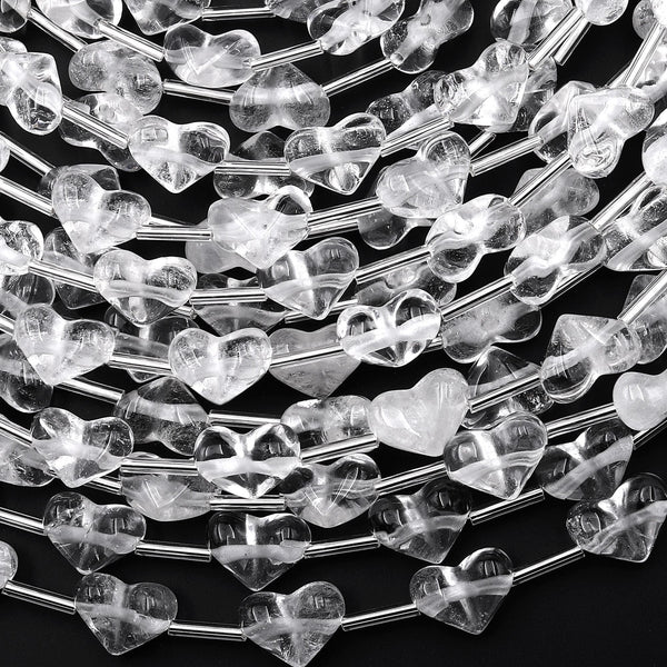 Natural Rock Crystal Quartz Beads Gemstone Puffy Heart Veristically Drilled 15.5" Strand