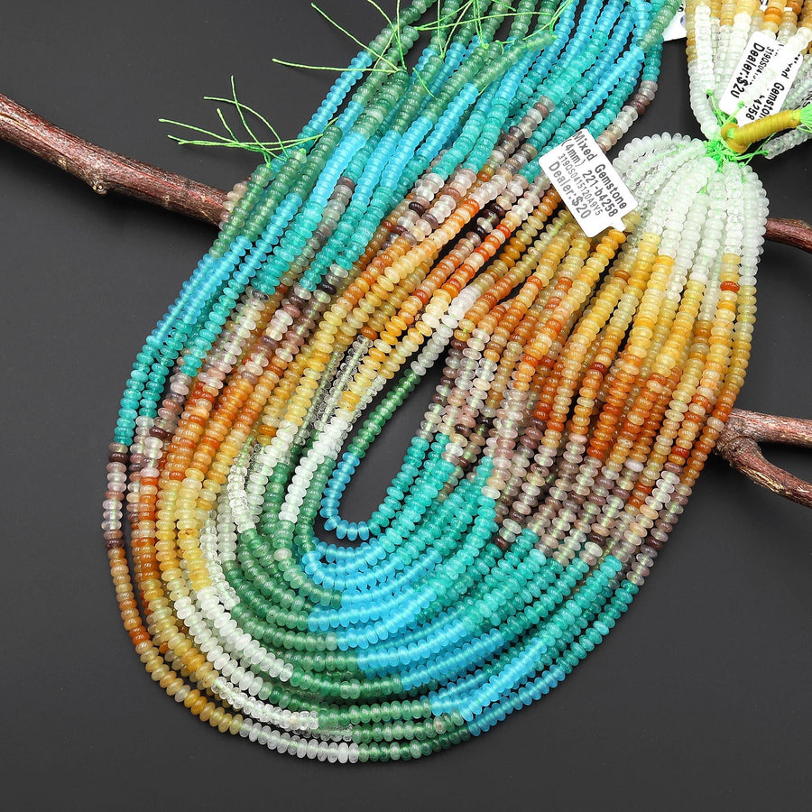 Ocean Breeze Palette ~ Mixed Gemstones 4mm Smooth Rondelle Beads Natural Rock Quartz Aventurine Fluorite Amazonite 15.5" Strand