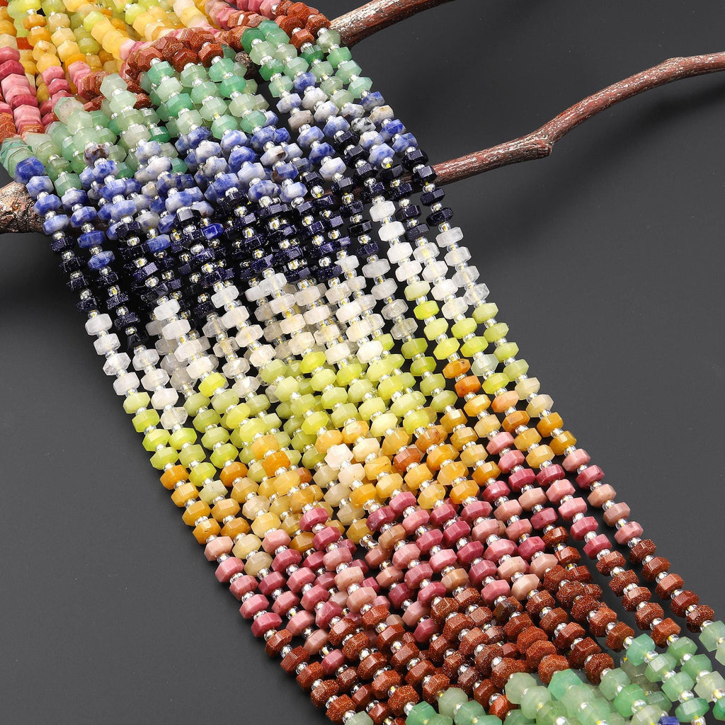 Faceted Natural White Lemon Jade Yellow Aventurine Petrified Rhodonite Sodalite Goldstone Beads 6mm hexagon Heishi Rondelle 15.5" Strand