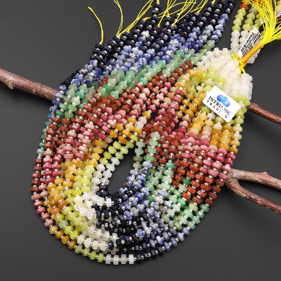 Faceted Natural White Lemon Jade Yellow Aventurine Petrified Rhodonite Sodalite Goldstone Beads 6mm hexagon Heishi Rondelle 15.5" Strand
