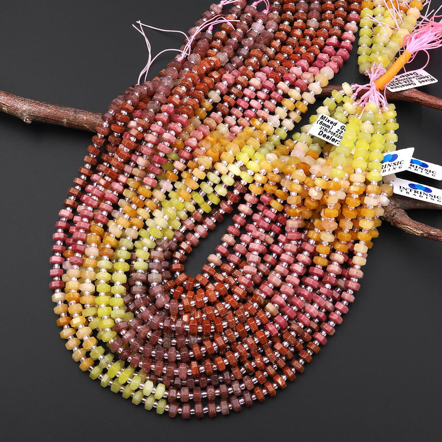 Faceted Natural Lemon Jade Yellow Aventurine Petrified Rhodonite Strawberry Quartz Goldstone Beads 6mm hexagon Heishi Rondelle 15.5" Strand