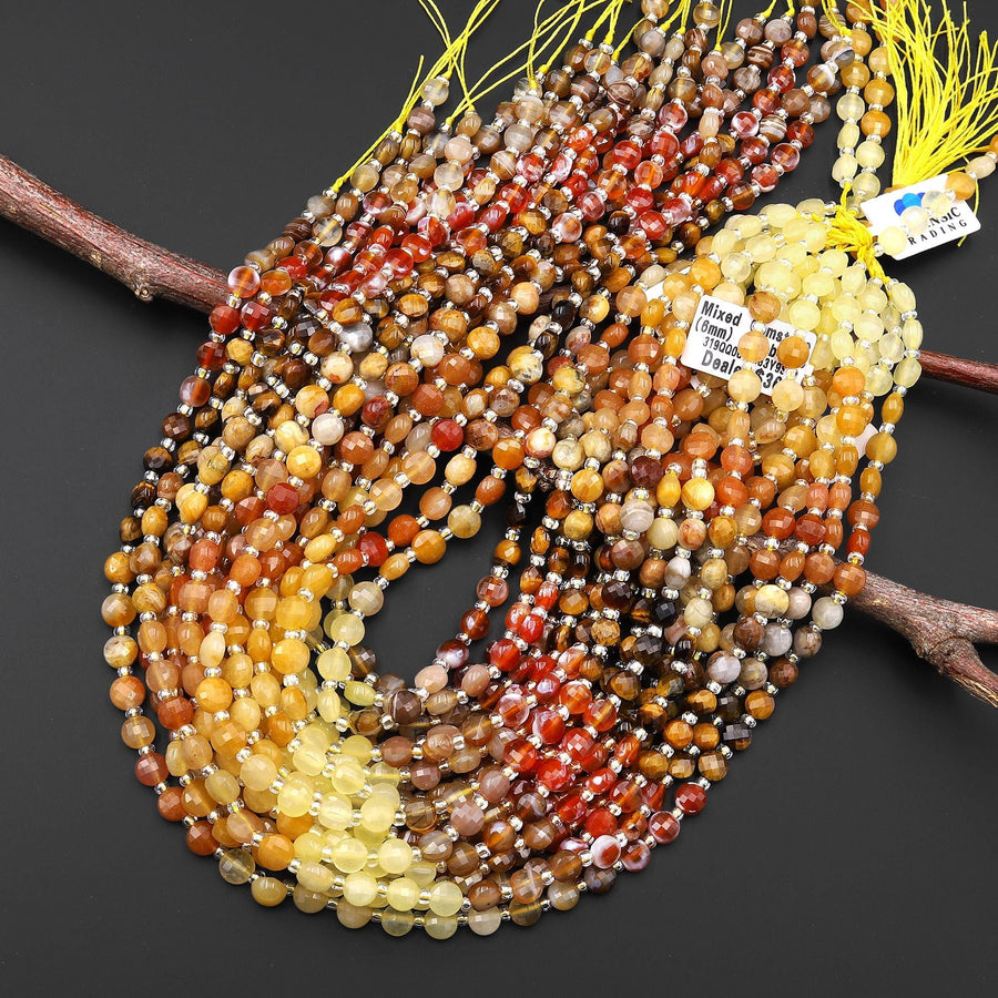 Autumn Earth Tones Mixed Gemstones Faceted 6mm Coin Beads Yellow Jade Orange Aventurine Crazy Lace Agate Tiger's Eye Fire Agate 15.5" Strand