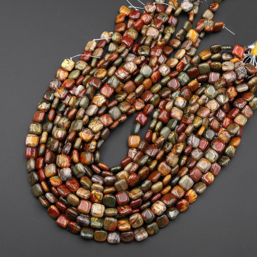 Natural Red Creek Jasper Smooth Square Pillow Beads 10mm Earthy Red Green Yellow Brown Gemstone 15.5" Strand