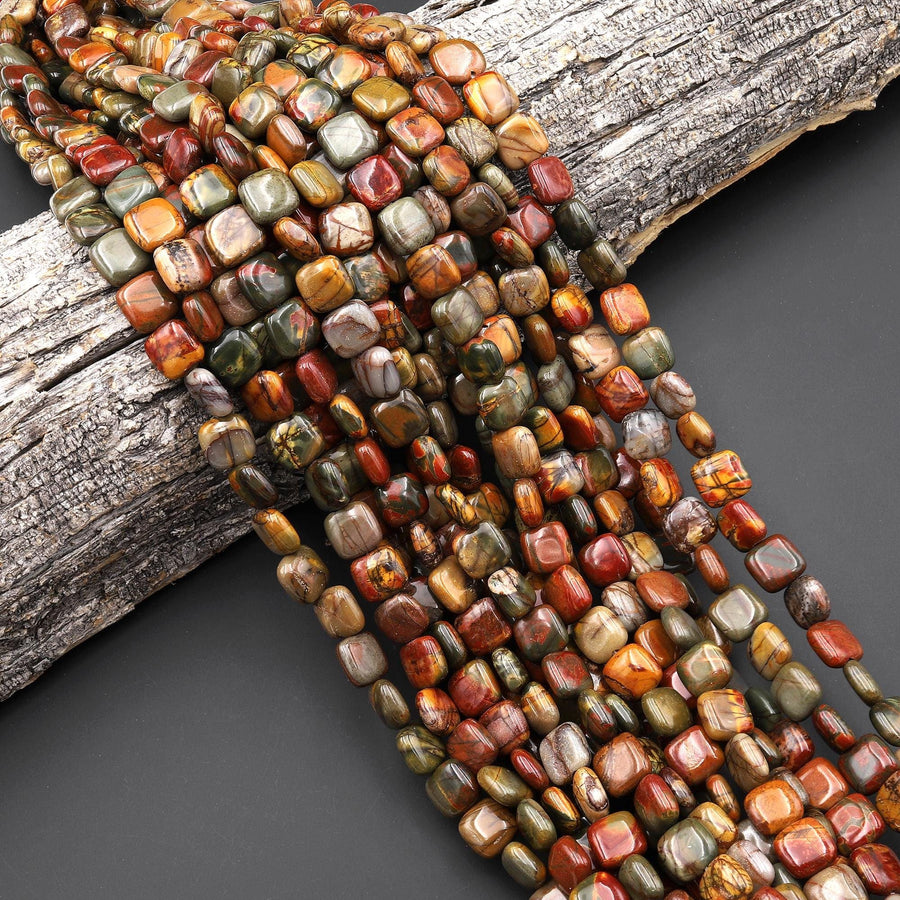 Natural Red Creek Jasper Smooth Square Pillow Beads 10mm Earthy Red Green Yellow Brown Gemstone 15.5" Strand
