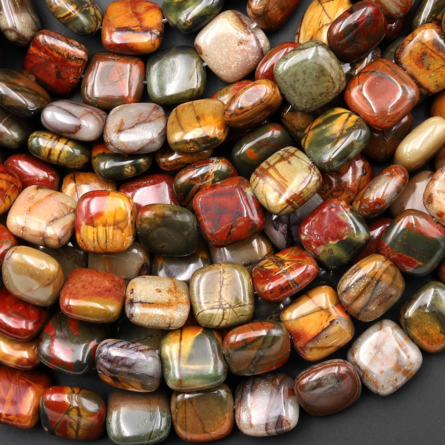 Natural Red Creek Jasper Smooth Square Pillow Beads 10mm Earthy Red Green Yellow Brown Gemstone 15.5" Strand