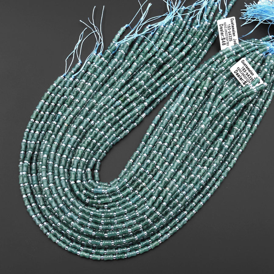 AAA Small Natural Guatemalan Jade Smooth Bamboo Tube Cylinder Beads 15.5" Strand