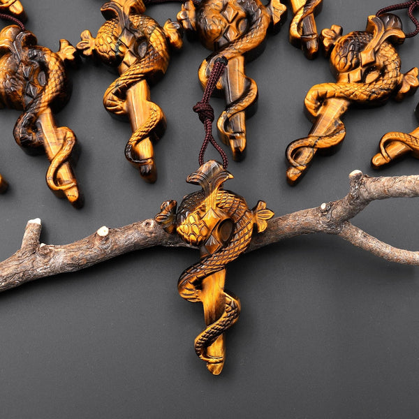 AAA Hand Carved Natural Tiger's Eye Snake Sword Pendant - Symbol of Wisdom and Transformation A1