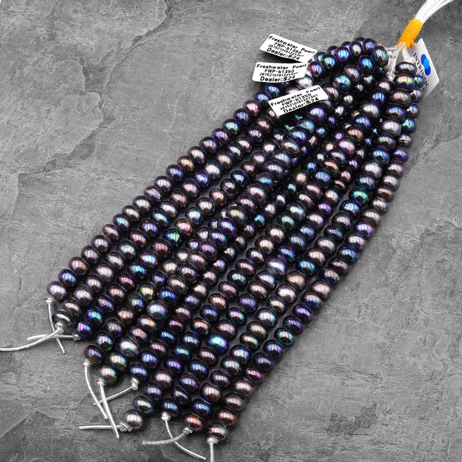 Large Hole Black Bronze Peacock Iridescent Genuine Freshwater Pearl Rondelle 10mm 8" Strand