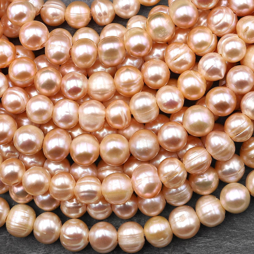 Large Hole Pearls Beads Natural Peach Genuine Freshwater Pearl Off Round Big 2mm Drill Hole 8" Strand
