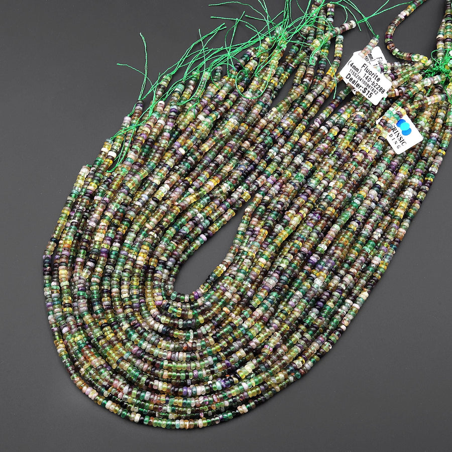 Natural Green Purple Yellow Fluorite Smooth Rondelle 4mm Beads 15.5" Strand