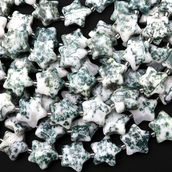 Natural Green Tree Agate Beads 16mm Puffy Star Gemstone 15.5" Strand