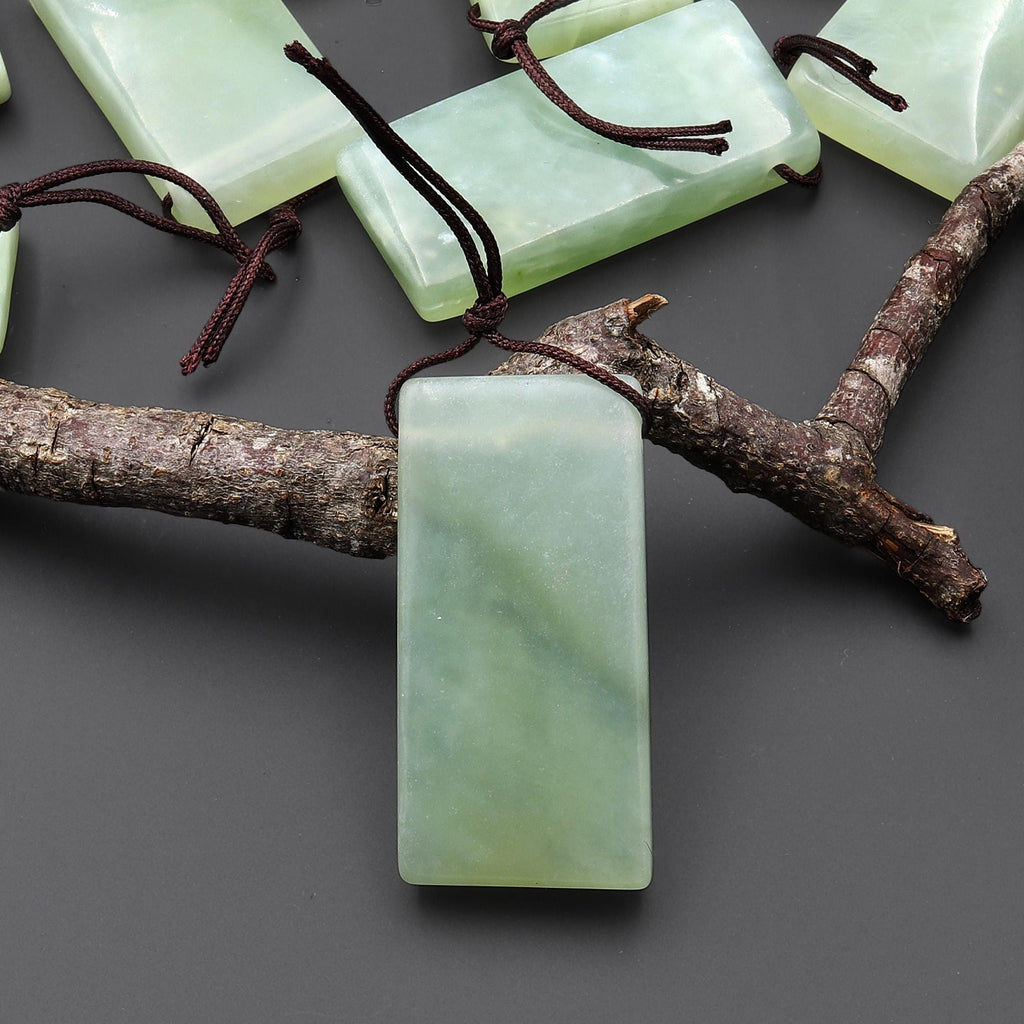 Natural Green Serpentine Jade Pendant Side Drilled Rectangle Gemstone