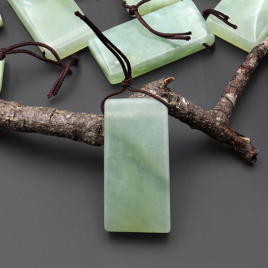 Natural Green Serpentine Jade Pendant Side Drilled Rectangle Gemstone
