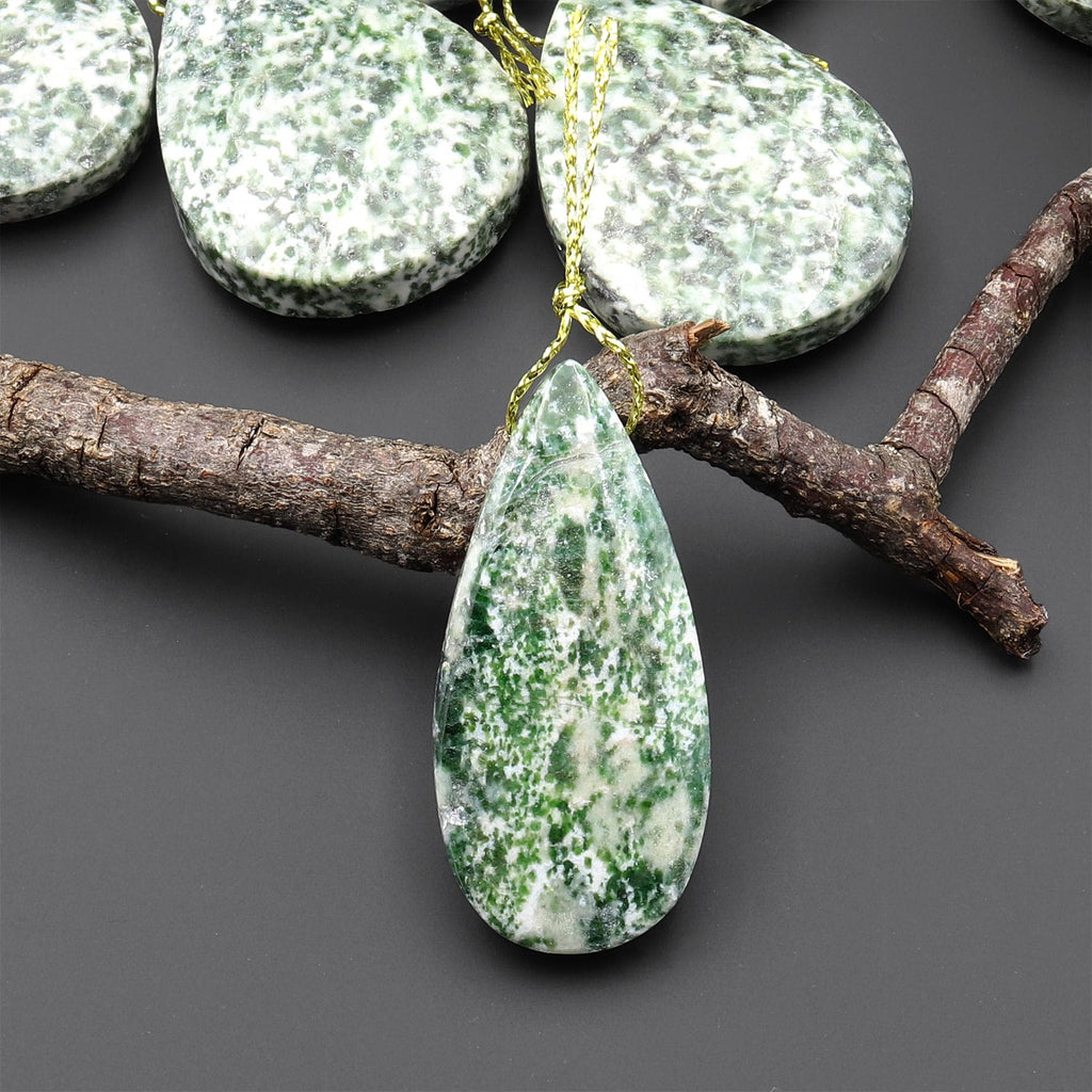 Natural Green Tree Agate Pendant Side Drilled Teardrop Gemstone A2