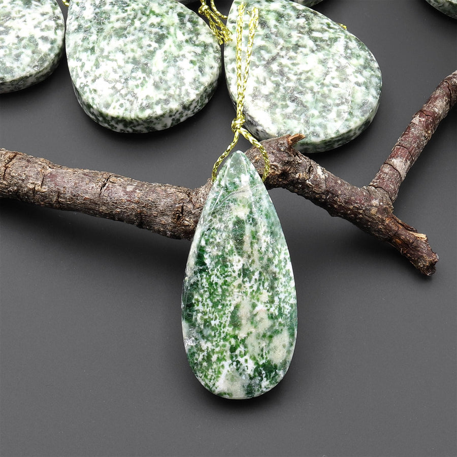Natural Green Tree Agate Pendant Side Drilled Teardrop Gemstone A2