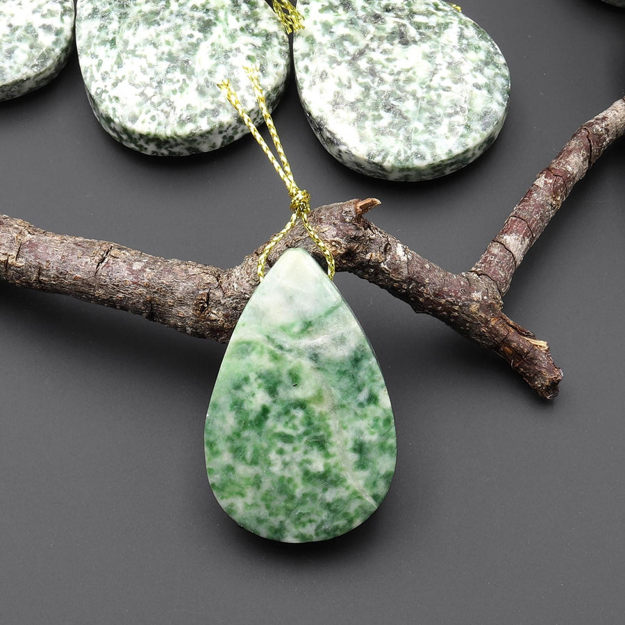 Natural Green Tree Agate Pendant Side Drilled Teardrop Gemstone A3