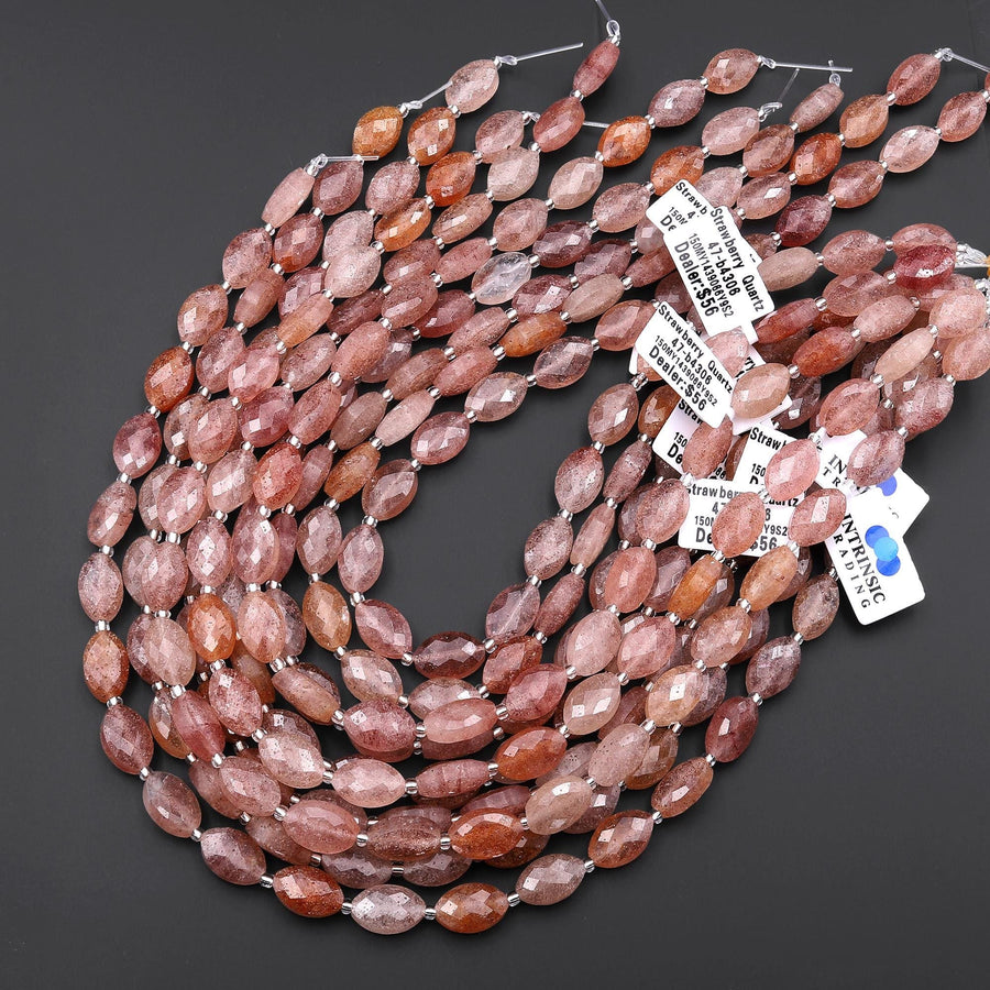AAA Faceted Natural Golden Pink Strawberry Quartz Oval Beads 15.5" Strand