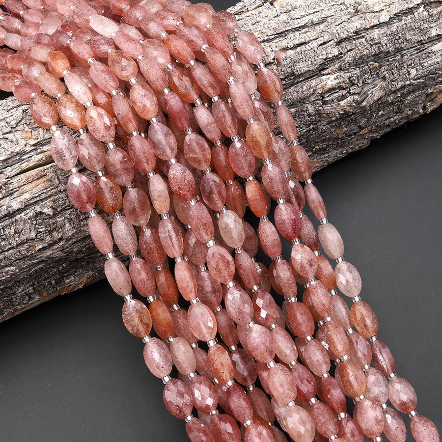 AAA Faceted Natural Golden Pink Strawberry Quartz Oval Beads 15.5" Strand