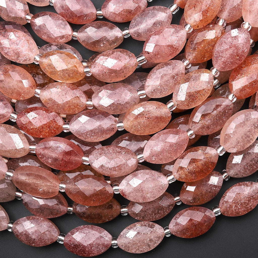 AAA Faceted Natural Golden Pink Strawberry Quartz Oval Beads 15.5" Strand