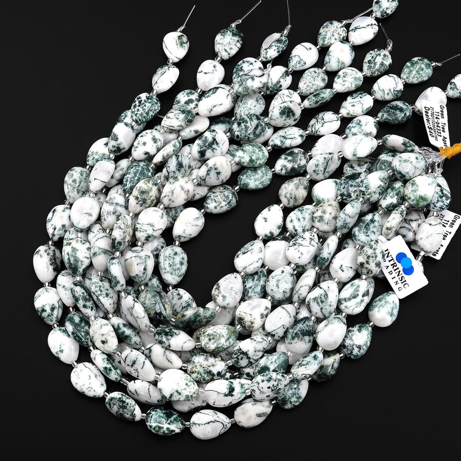 AAA Natural Green Tree Agate Beads Puffy Teardrop Vertically Drilled Gemstone 15.5" Strand