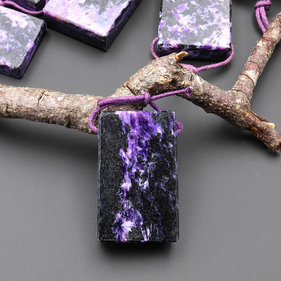 Natural Purple Charoite Black Aegirine Rectangle Tile Pendant Side Drilled Genuine Gemstone From Russia