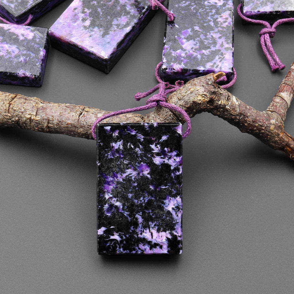 Natural Purple Charoite Black Aegirine Rectangle Tile Pendant Side Drilled Genuine Gemstone From Russia A1