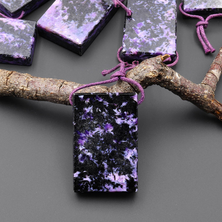 Natural Purple Charoite Black Aegirine Rectangle Tile Pendant Side Drilled Genuine Gemstone From Russia A1