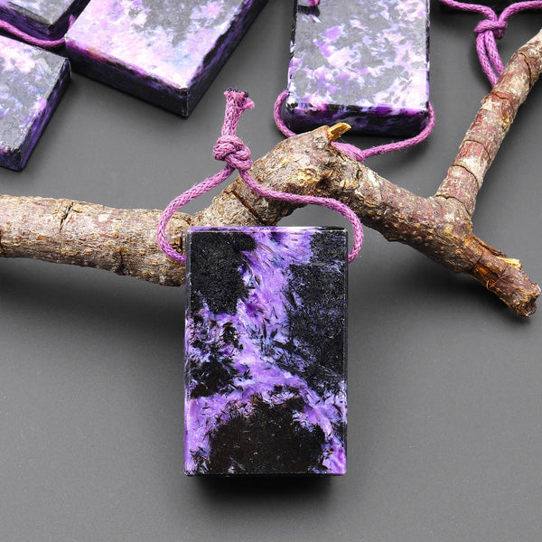 Natural Purple Charoite Black Aegirine Rectangle Tile Pendant Side Drilled Genuine Gemstone From Russia A3