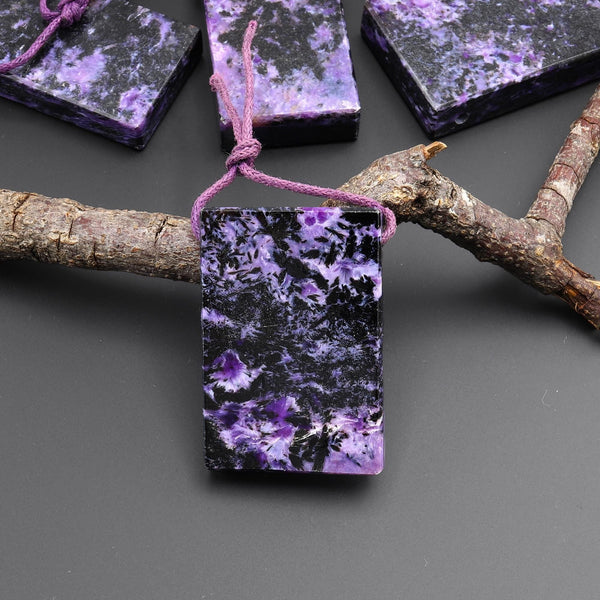 Natural Purple Charoite Black Aegirine Rectangle Tile Pendant Side Drilled Genuine Gemstone From Russia A6