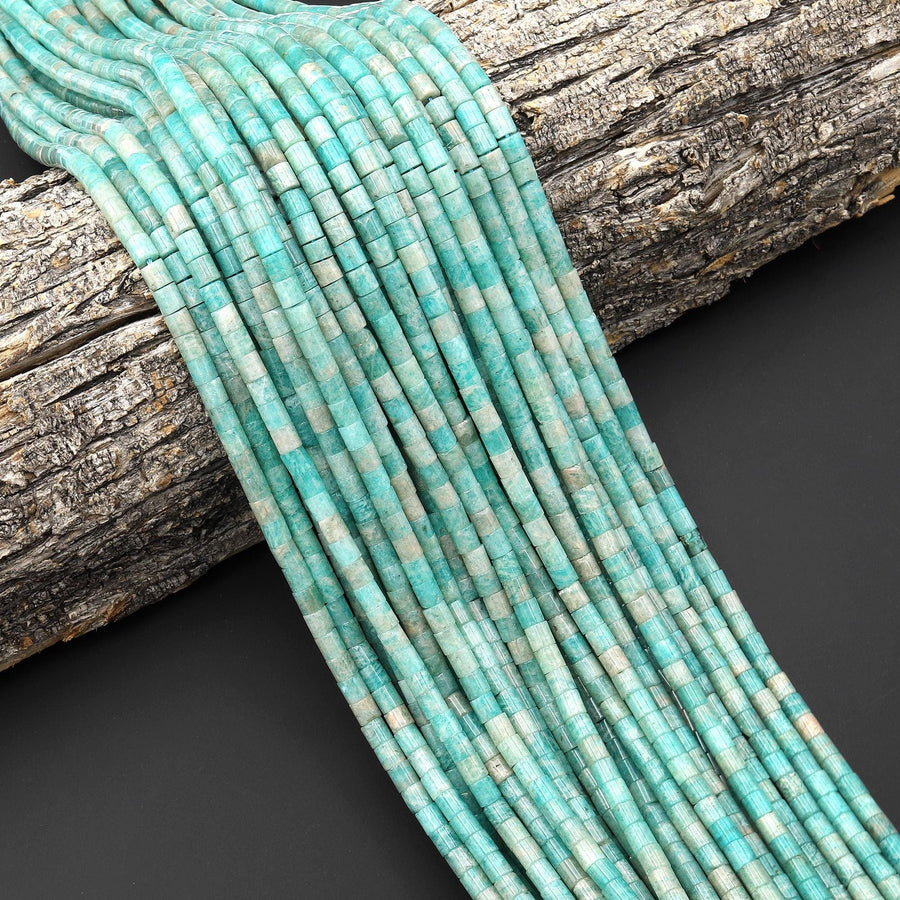 Natural Sea Blue Green Peruvian Amazonite 4x4mm Tube Cylinder Beads 15" Strand
