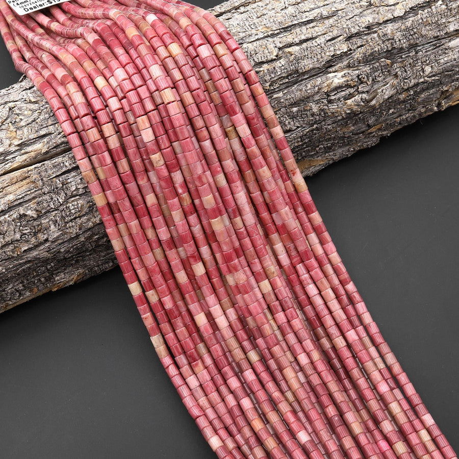 Natural Pink Petrified Rhodonite 4x4mm Tube Cylinder Beads 15" Strand