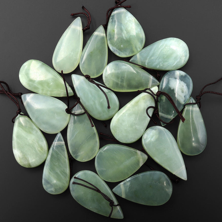 Natural Green Serpentine Jade Pendant Side Drilled Teardrop Gemstone