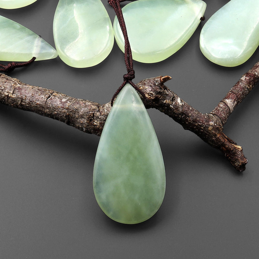 Natural Green Serpentine Jade Pendant Side Drilled Teardrop Gemstone