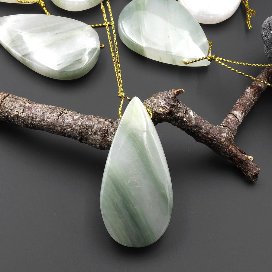 Natural Green Actinolite In Quartz Pendant Side Drilled Teardrop Gemstone