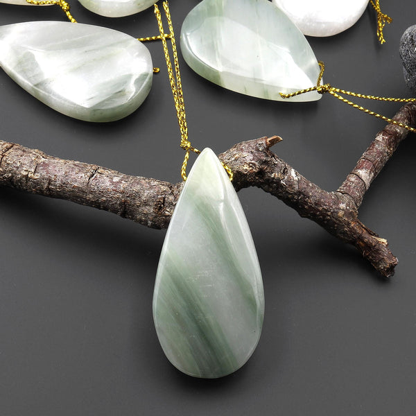 Natural Green Actinolite In Quartz Pendant Side Drilled Teardrop Gemstone A1