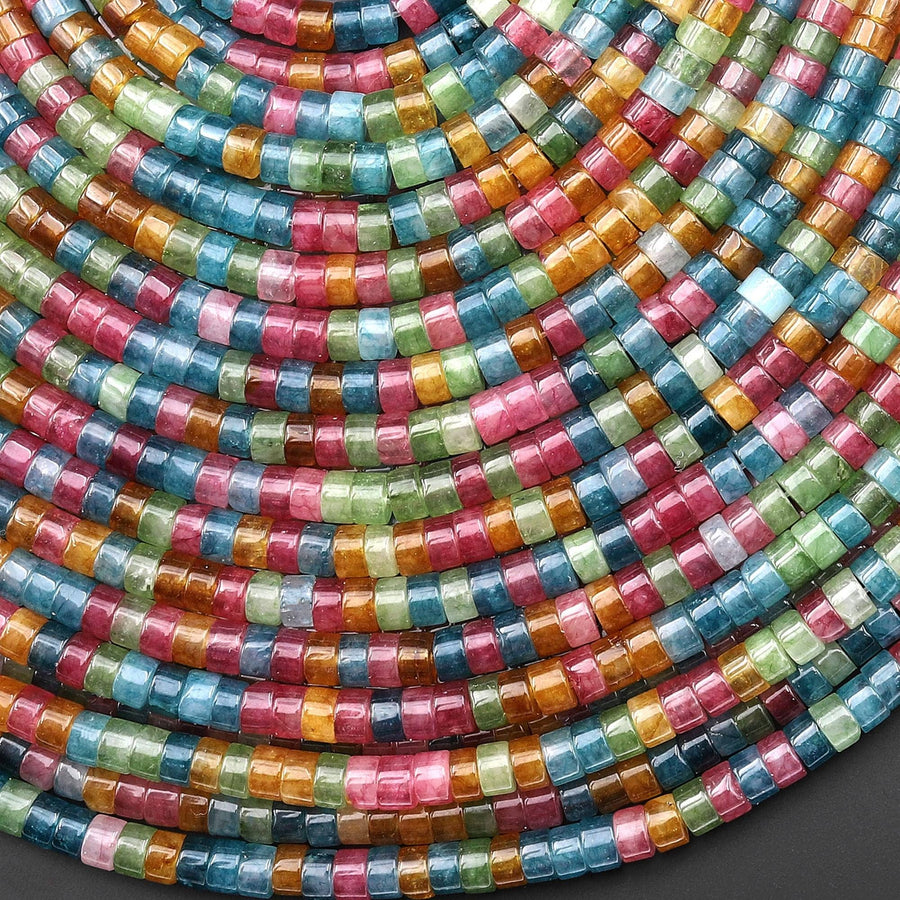 Tourmaline Agate Smooth 4mm Heishi Rondelle Beads Multicolor Pink Orange Mint Green Blue 15.5" Strand