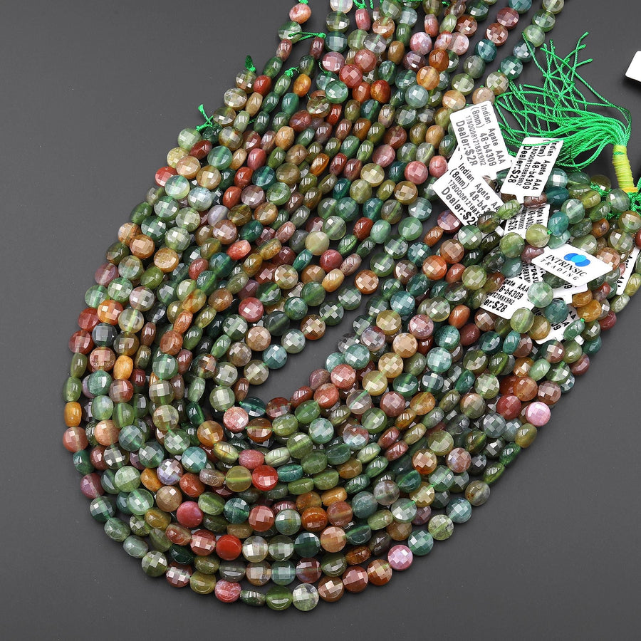 AAA Colorful Translucent Natural Indian Agate 8mm Faceted Coin Beads 15.5" Strand
