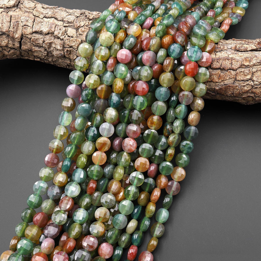 AAA Colorful Translucent Natural Indian Agate 8mm Faceted Coin Beads 15.5" Strand