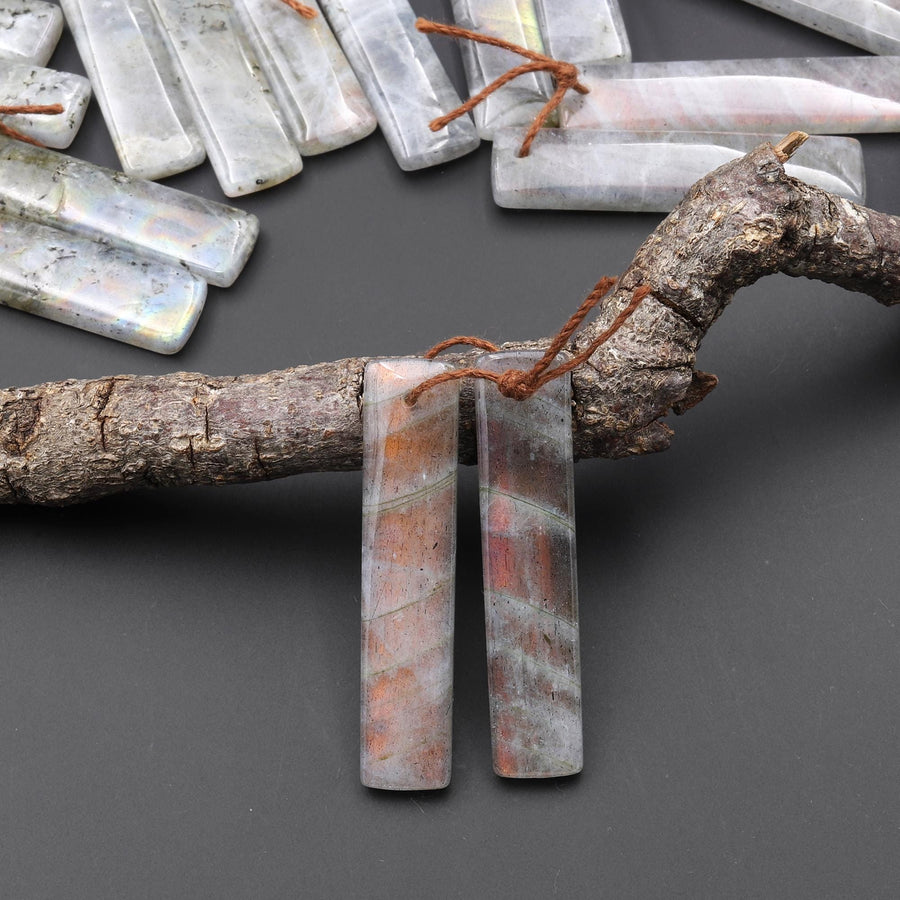 Natural Rainbow Labradorite Smooth Rectangle Earrings Drilled Matched Gemstone Bead Pair