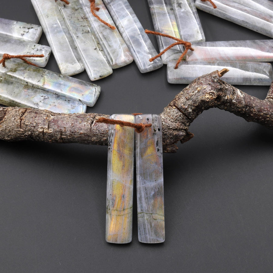 Natural Rainbow Labradorite Smooth Rectangle Earrings Drilled Matched Gemstone Bead Pair