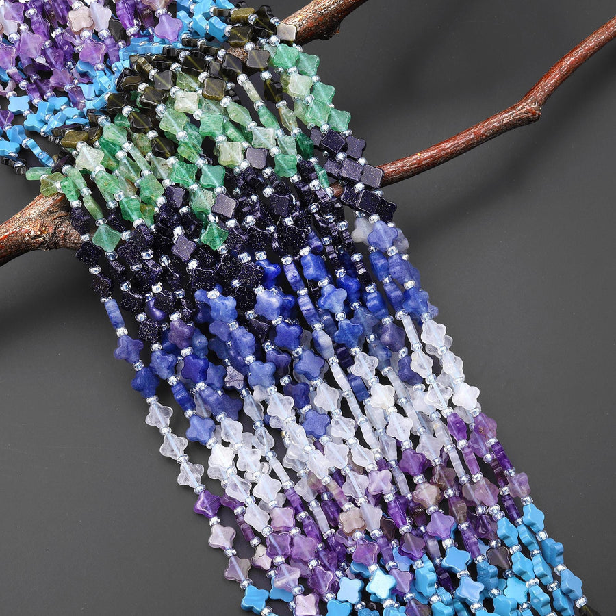 4 Four Leaf Clover Multicolor Gemstone Beads Rock Quartz Amethyst Golden Obsidian Green Chalcedony Blue Goldstone 7mm 8mm 15.5" Strand