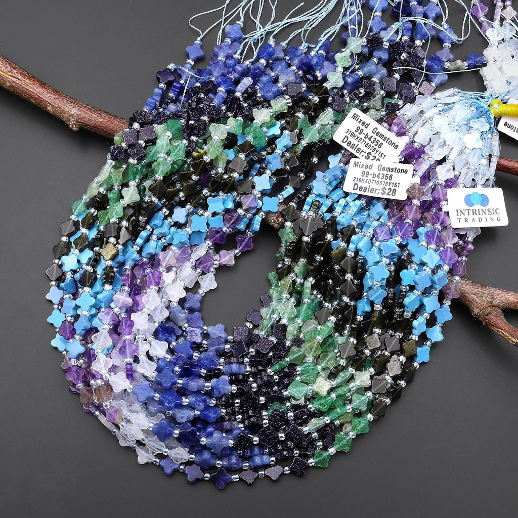 4 Four Leaf Clover Multicolor Gemstone Beads Rock Quartz Amethyst Golden Obsidian Green Chalcedony Blue Goldstone 7mm 8mm 15.5" Strand