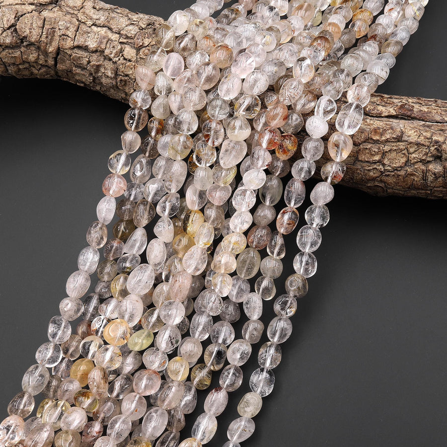 Natural Rock Crystal Phantom Quartz Irregular Pebble Rounded Nugget Beads 15.5" Strand
