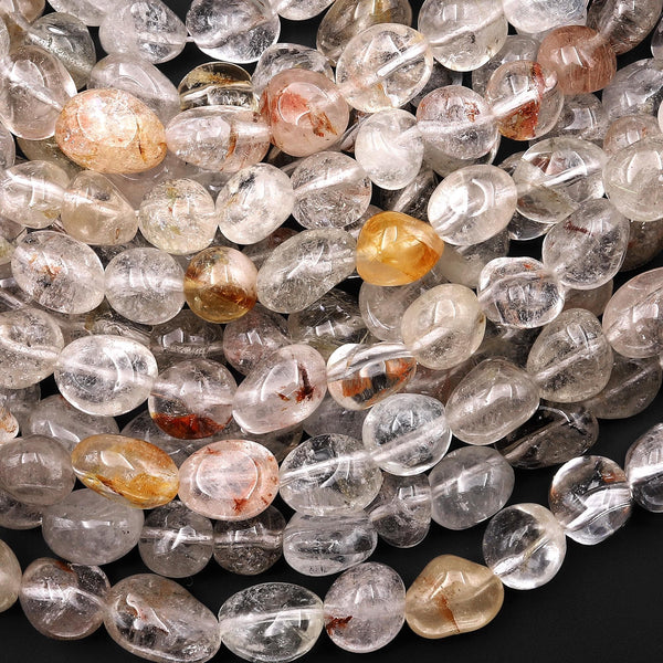 Natural Rock Crystal Phantom Quartz Irregular Pebble Rounded Nugget Beads 15.5" Strand