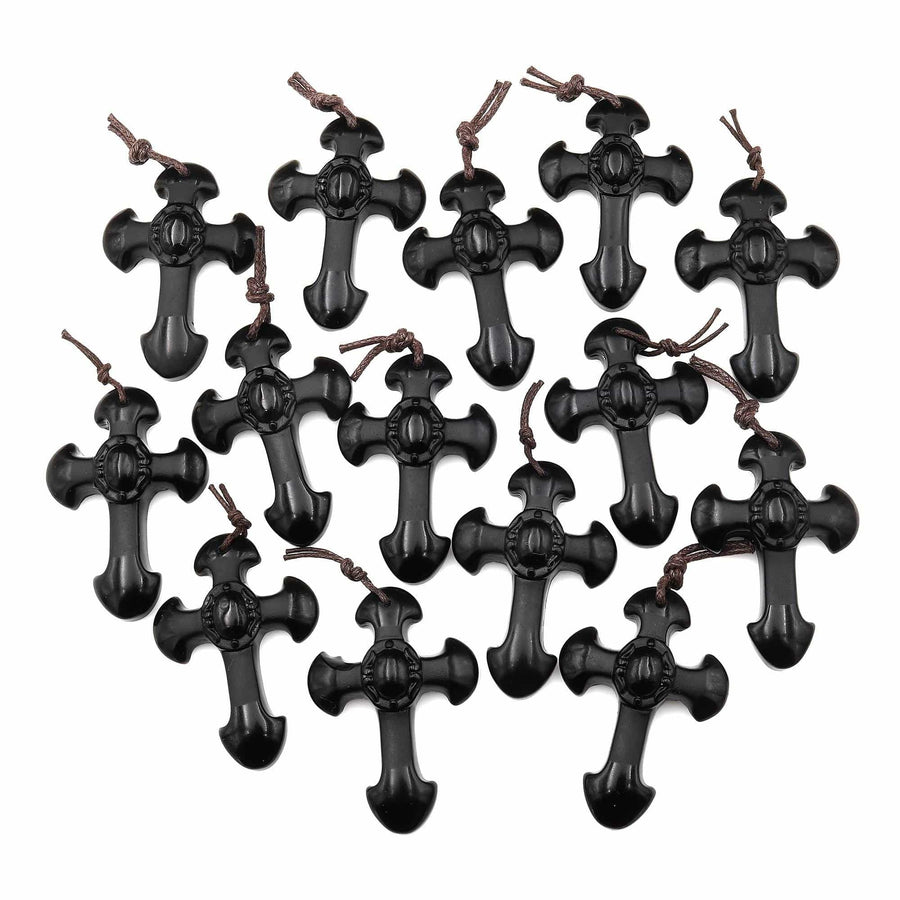 Two-Tone Natural Black Obsidian Cross Pendant – Polished & Matte Finish