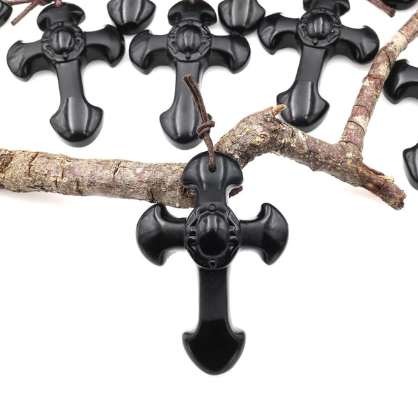 Two-Tone Natural Black Obsidian Cross Pendant – Polished & Matte Finish