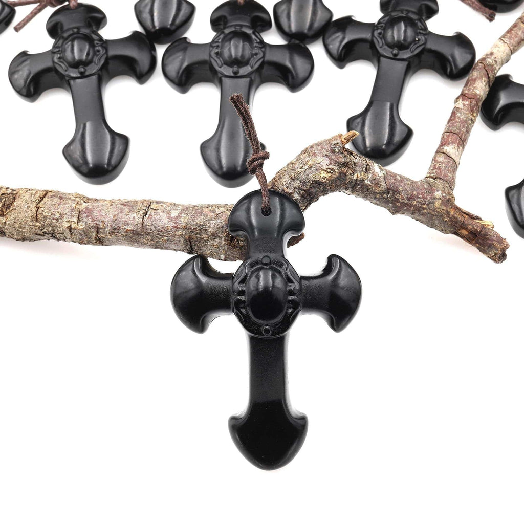 Two-Tone Natural Black Obsidian Cross Pendant – Polished & Matte Finish A1
